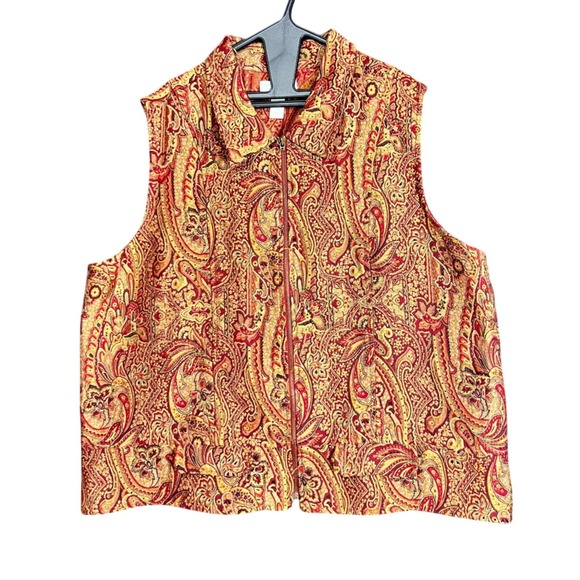 Vintage CJ Banks Womens 2X Plus Size Paisley Tapestry Vest Zip Up Red Gold Boho - Picture 2 of 13